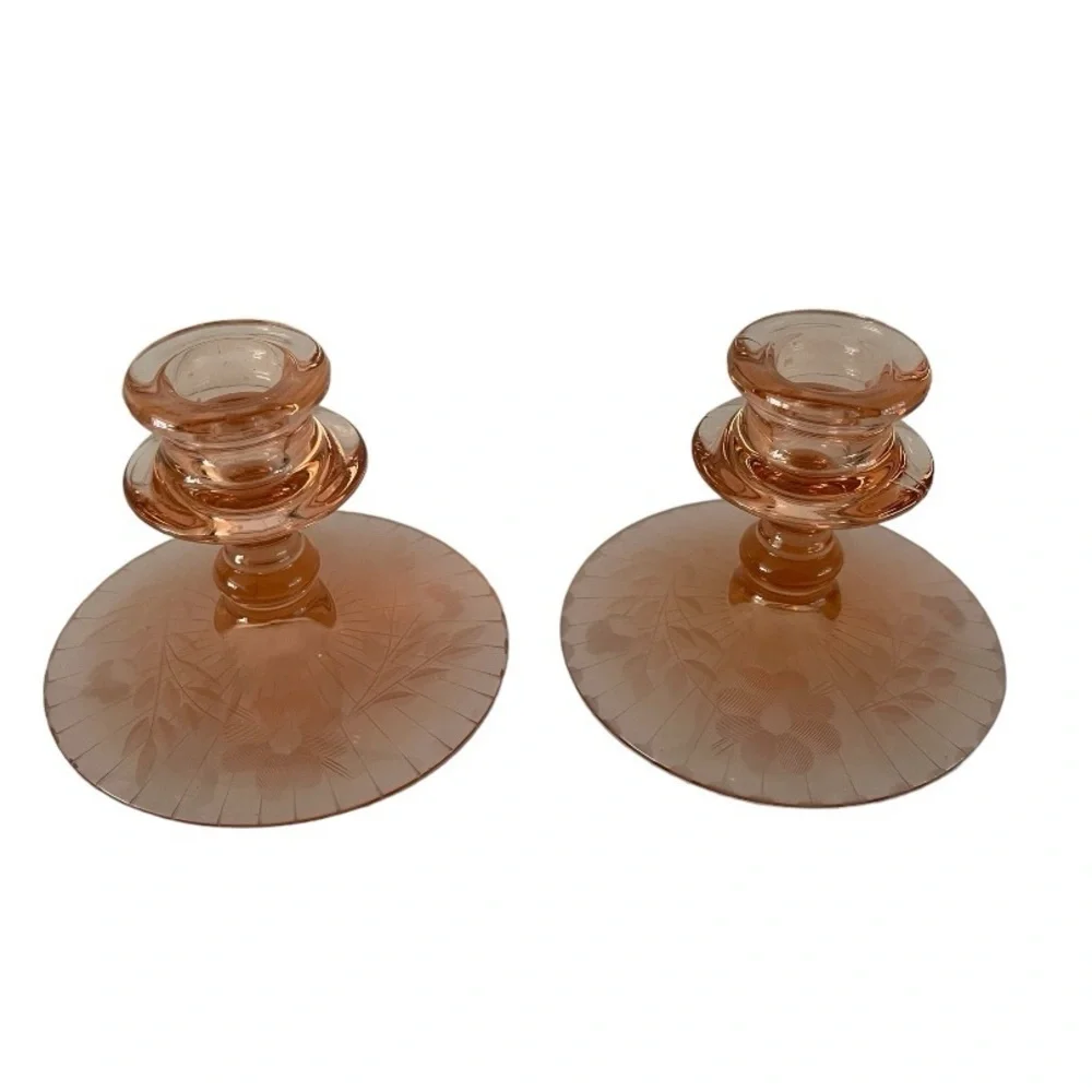 Unique Vintage Pink Depression Glass Etched Candle Holders (Set of 2)